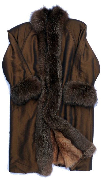 Long Winter Coat with Fox Fur Lining: with Fox Trim, and brown sheen