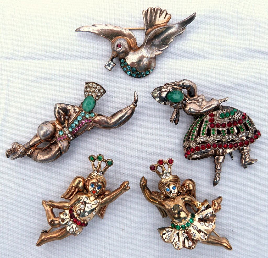 Mazer Bird, Couple Dancing by Netti Rosenstein: and Trifari Angel Couple all are in good condition