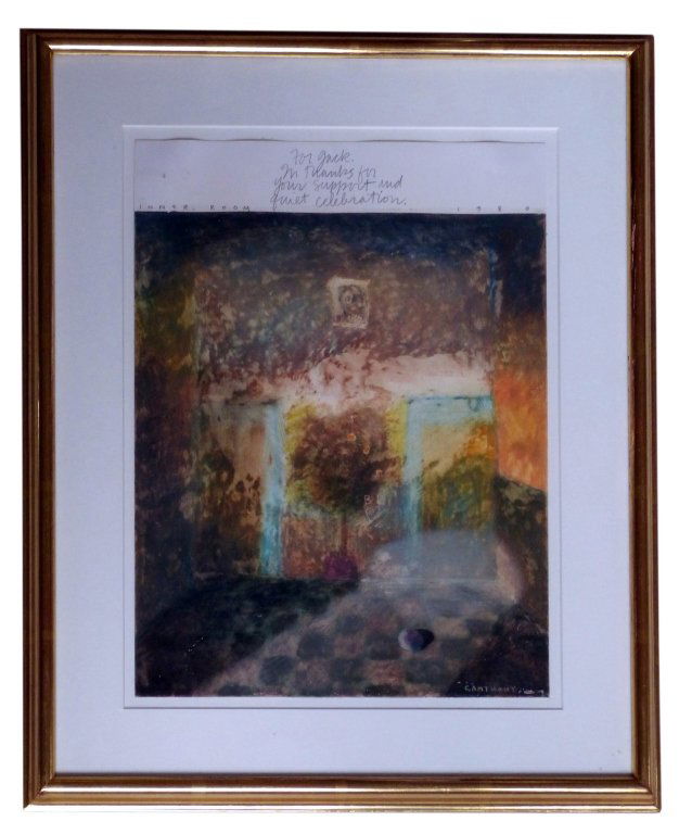 carol Anthony, Watercolor and mixed Media: Caroll Anthony signed watercolor, and mixed media signed Anthony. ex collection of jack tanzer freedom field 1986 5 x 6 mixed media inner room " for jack thanks for your support and quit celebration 1