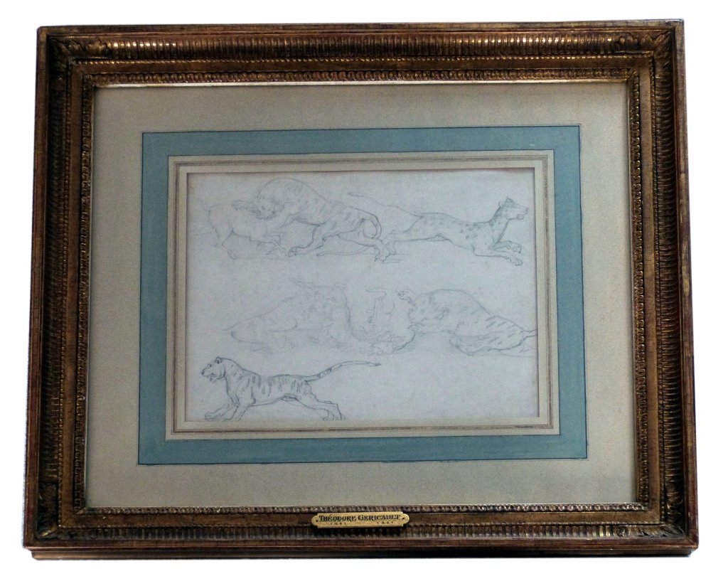 Jean Louis Andre Theodore Gericault 1791-1824,: Theodore Gericault 1791-1824, Tiger a Goat,ca. 1820 pencil on paper, 9 x 11 1/8 inches see label , Paul Bianchini Catalogou 2 1969, ill. no.2 ex collection of jack tanzer