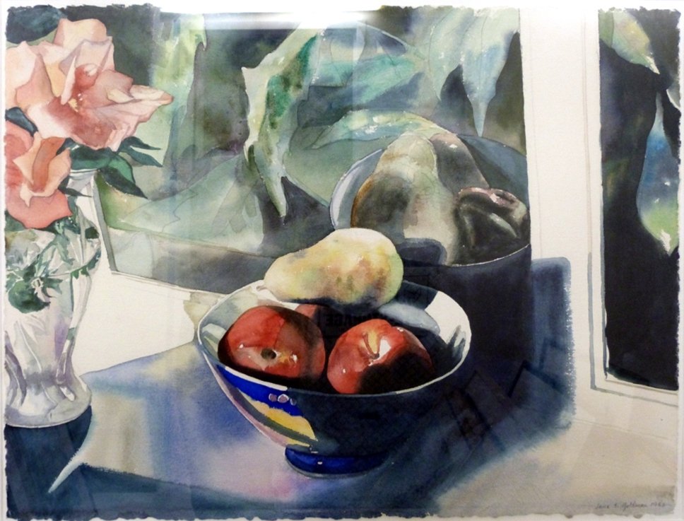 SLL: Jane Goldman 1983, water color: Night Reflections", still life with fruit, 32'' X 38