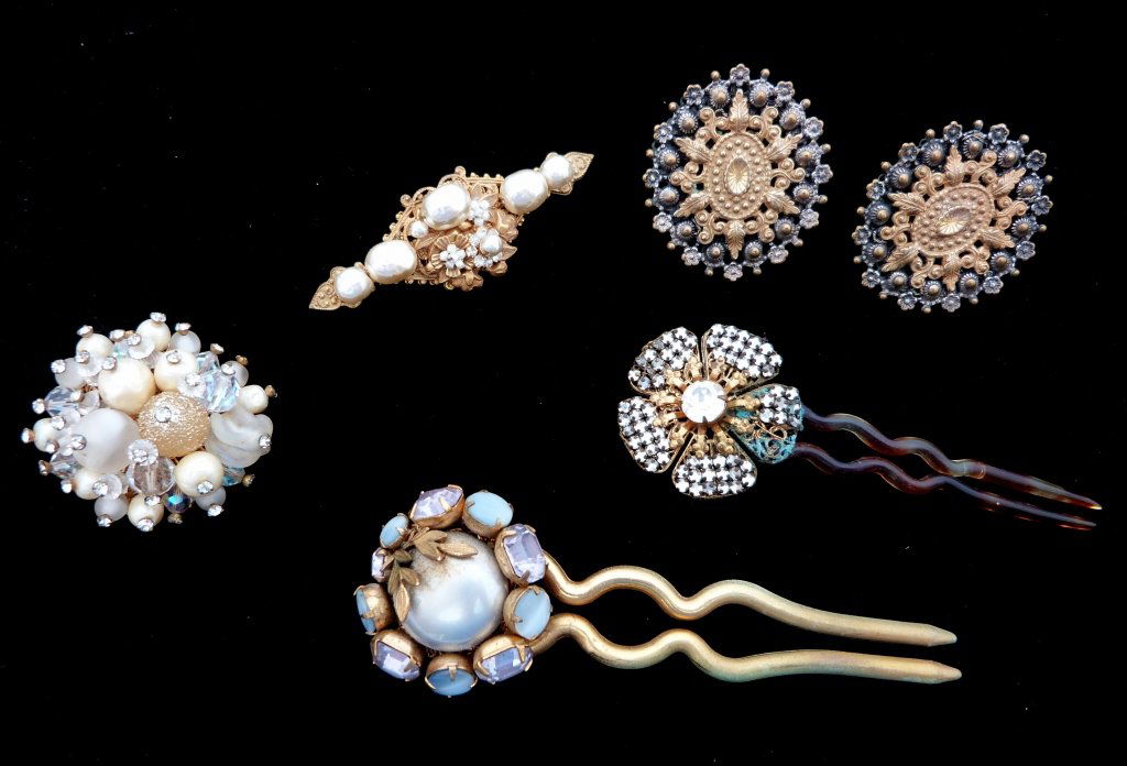 Miriam Haskell signed,Vendom Beaded Costume Jewelry: Hair Pins and Clip Earrings by Miriam Haskell & a Pin by Vendome. miriam haskell hairpins 4 1/2" L miriam haskell pin 2 2/4" L good condition