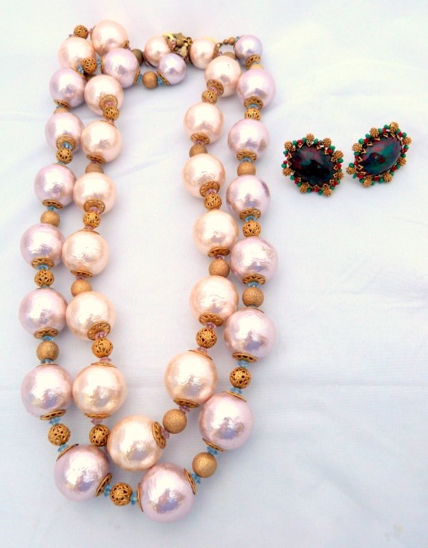 Miriam Haskell signed Two Necklaces and Earrings: two miriam haskell necklaces,signed, large faux pearls. one pair of earrings the necklaces 12 3/4" L good condition