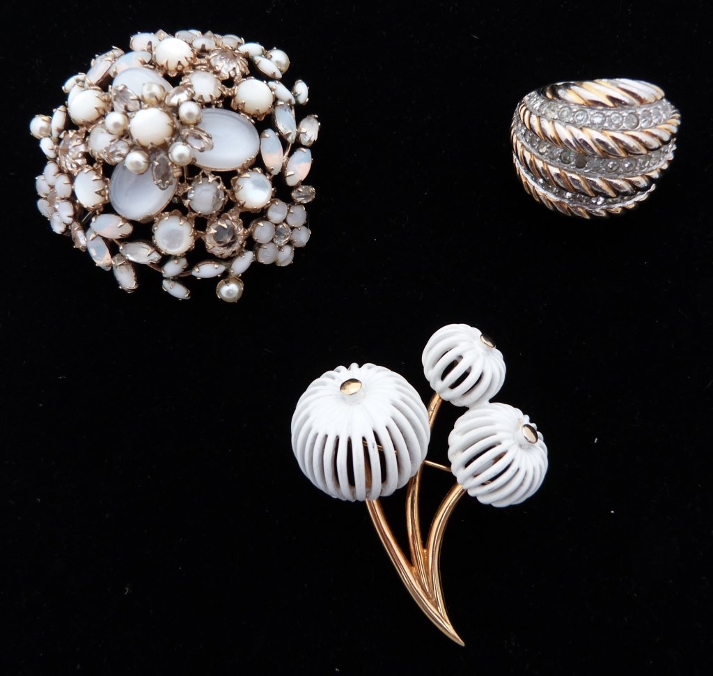 Jomaz,, Schreiner, Signed ,2 Pins & a Ring: White & Crystal Stone Schreiner Pin: 2"D, Rhinestone Circular RIng by Jomaz, White and Gold Tone Monet Pin: 2 1/4"L