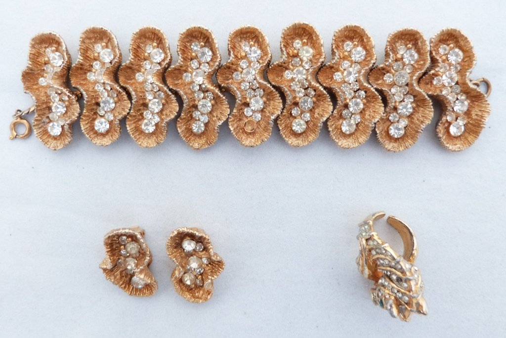 Kenneth Jay Lane Ring, Clip Earrings, Bracelet: Gold & Crystal Bracelet: 6"L x 1 1/2"W, Clip Earrings: 1 1/4"L x 1 1/2"W: KJL Horse Head Form Rin, the ring is signed K.J.L.