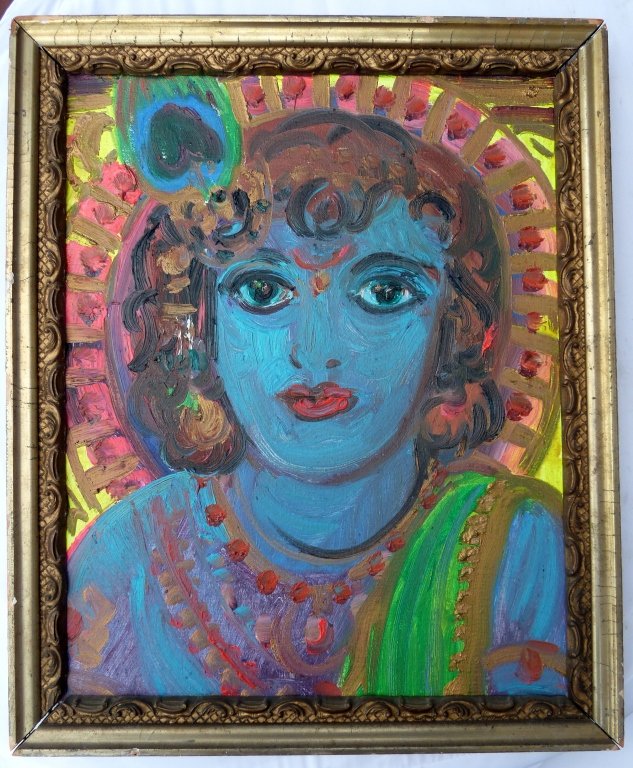 Hunt Slonem '87 "Baby Krishna" Oil on Canvas: hunt slonem "87, "baby krishna" oil on canvas, with label from the trabia-mac yee- gallery, 54 green street new york 10018. please look at his book " pleasure palace" the art of homes of hunt slonem,b