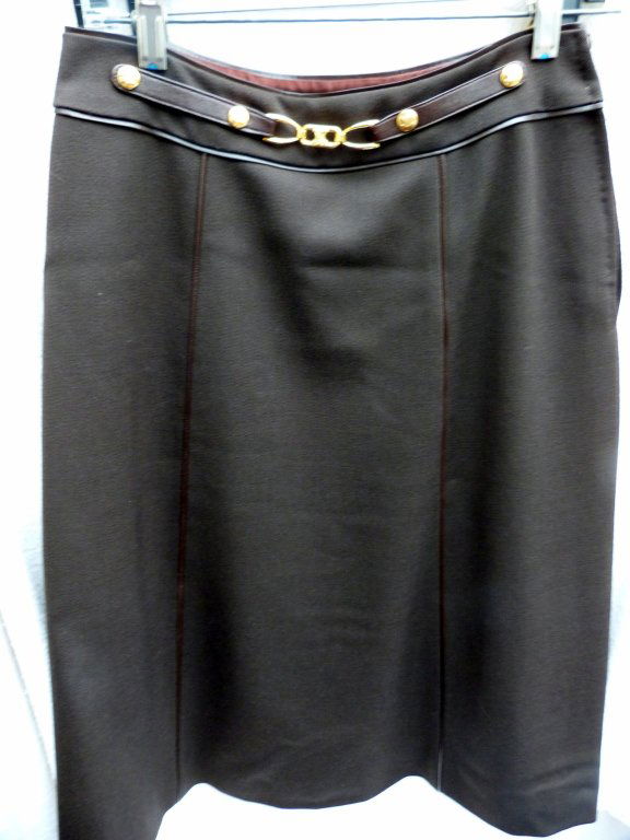 Celine Paris Classic, Olive Wool Skirt: With leather piping. Size 42 Good Condition