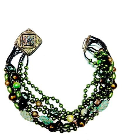 Ornella Strands of Baroque Pearls, Venetian Glass..: Ornella 7 Strands of baroque Pearls, Venetian Glass, Metal Beads, Abalone Clasp (meant to be worn on side) signed Ornella Made in Italy Red Glass Necklace