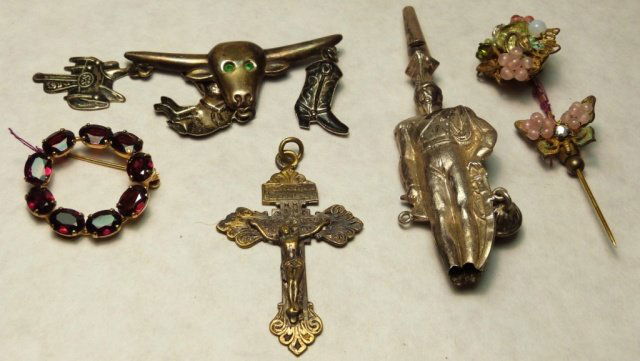 Group of Assorted Jewelry, Garnet Pin,Victorian Pin,: including garnet pin marked 12kt, pin in form of soldier - its a whistle, continental silver, pin in form of a bull with cowboy boots, one pin cross, metal one victorian stickpin in form of a flower