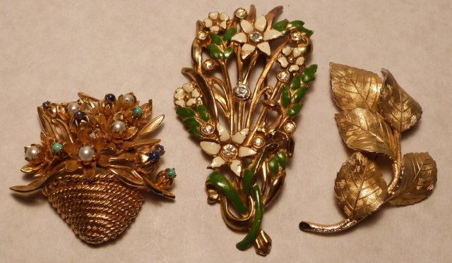 Grosse Germany, 3 Pins, 1965,1959: GROSSE MADE IN GERMANY, flower basket marked GROSSE 1965 MADE IN GERMANY, leafbrooch marked, GROSSE MADE IN GERMANY 1959. large enamel on metal flower with rhinestones, GROSSE GERMANY DESIGNED JEWELRY