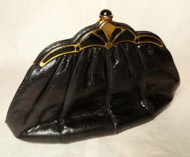 Judith Leiber Black Karung Snakeskin Swarovski Chrystal: JUDITH LEIBER BLACK KARUNG SKIN BAG, frame with swarovski chrystals/rhinestones. good condition