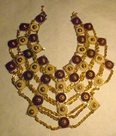 Taupe, Brown Felt and Gold Colored Chain Bib: 1980s Bib Necklace, in the style of Yves Saint Laurent. Taupe and Brown Felt on Metal Disks.