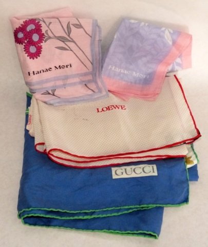 Gucci, Hanae Mori, 18 Silk and Cotton Scarves: 18 scarfs, Including Gucci, Hanae Mori. loewe, cacharel, adolfo, laura ashley. good condition