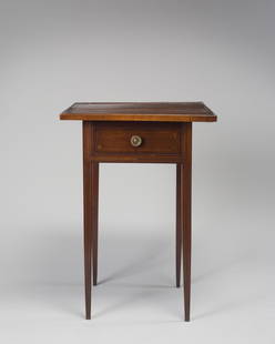 FEDERAL INLAID ONE-DRAWER CHERRYWOOD STAND Connecticut,: Rectangular top with applied edge; mahogany and lightwood quarter fan inlay in the four corners. The top centered by inlaid oval with mahogany and lightwood stringing. The case below with a drawer