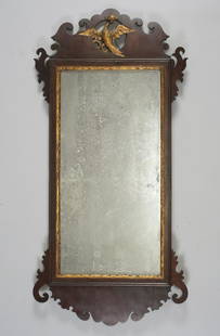 RARE CHIPPENDALE AMERICAN MAHOGANY AND POPLAR LOOKING: With scrolled upper and lower crest. The upper scrolled crest with a gessoed phoenix with two c-scrolls with a circular opening.