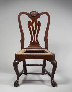 FINE AND RARE QUEEN ANNE SHELL-CARVED MAHOGANY SIDE: This chair is a rare example of a Newport side chair attributed to the shop of John Goddard. Made when the "Queen Anne" style stiles and splats of Boston chairs, with their s-shaped profile, had run