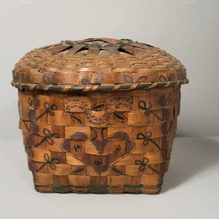 COVERED POTATO STAMP BASKET WITH POLYCHROME DESIGN: Covered Basket with polychrome design, including a heart and a tree. This is an exceptional potato-stamp basket - it is highly unusual to have a different motif on each side.