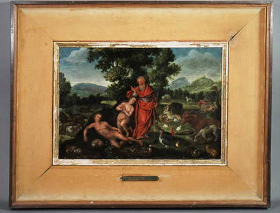 EARLY 17TH CENTURY FLEMISH SCHOOL: Garden of Eden, 1600-1625, Oil on copper, Based on a painting by Maarten de Vos (1532-1603) and a print by Johan Sadeler (1550-1600). We are appreciative of the 2018 assessment of this work by well-kn