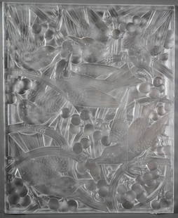 RARE RENE LALIQUE 'MERLES ET RAISINS' GLASS PANEL 1C: RENE LALIQUE (French,1860-1945) Circa 1928. Heavily molded Panel of grapes, foliage, and blackbirds (7) on the front- with contrasting frosted and clear glass. Designed and created by Rene Lalique