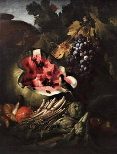 STILL-LIFE IN LANDSCAPE WITH WATERMELON AND BIRD: Italian School, 17th century Outdoor still life with watermelon, bird, snail, grapes, mushrooms and leafy plants Provenance: Leigh Keno American Antiques; Private Collection, Washington, D.C. 