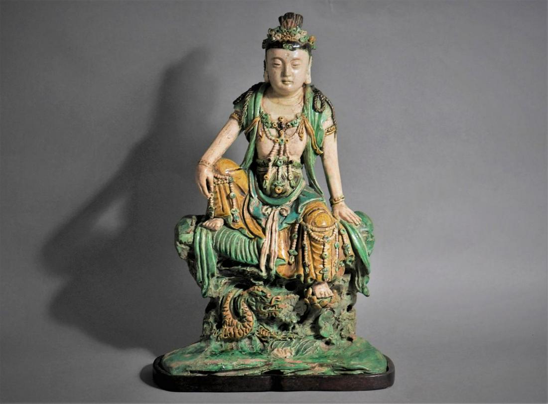 LARGE CHINESE GLAZED TILEWORKS FIGURE OF GUANYIN (1 of 20)