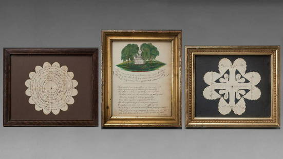 3 WORKS ON PAPER: TWO VALENTINES AND A WATERCOLOR: American, 19th century The Memorial, a water color scene of an urn flanked by a pair of weeping-willow trees. The valentines each inscribed. Each work is framed. Provenance: A Distinguished New York C