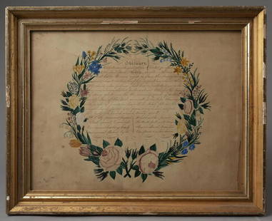 POLYCHROME WATERCOLOR WREATH FRAMING AN OBITUARY: American, August 26, 1864.Gilt-wood frame Provenance: Property of a Distinguished European Gentleman Dimensions: Sight dimensions11 1/2 in. x 15 in.