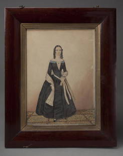 WATERCOLOR PORTRAIT OF A YOUNG LADY: American School circa 1860 mahogany frame with gilt lining Provenance: A Distinguished New York City Gentleman Dimensions: 11 in. x 8 in.