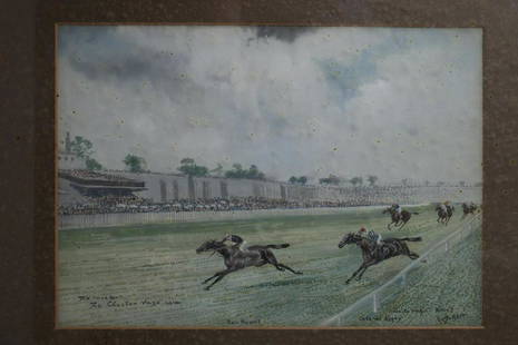 WATERCOLOR DEPICTING THE RACE FOR THE CHESTER VASE: (Illegible signature lower right)1914"Ze race for Ze Chester Vase" Provenance: A New York State private collection Dimensions: Sight dimensions 9 1/2 in. x 13 1/2 in.