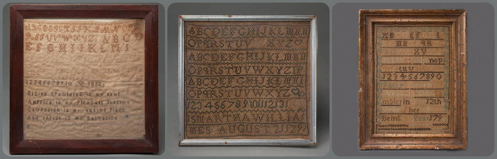 THREE SCHOOLGIRL NEEDLEWORK SAMPLERS: The largest sampler: inscribed with the alphabet and numbers and including the inscription "Elizina SPaulding is my name/America is my Pleasant station/ Cavindish is my native place/ And Christ is my