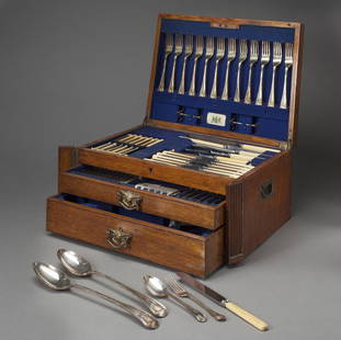 SETTING FOR 12 OF SILVER FLATWARE IN ITS ORIGINAL CASE: Made by Thomas Bradbury & Sons, Sheffield England, Circa 1870 Each piece of flatware with hall-marks and inscribed in calligraphic "B". The top of the finely appointed oak case with inset brass shield