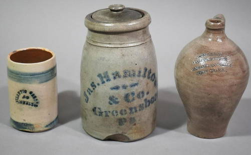 3 STONEWARE VESSELS INCLUDING CROLIUS JUG WITH MARK: The ovoid jug is Impressed "C. CROLIUS/ MANHATTAN WELLS/ NEW-YORK" Clarkson Crolius Jr., New York, circa 1820. The mug with incised and blue decorated banding and impressed ATLANTIC GARDEN/50 BOWERY T