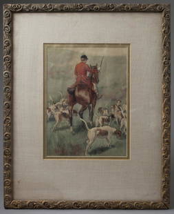 WATERCOLOR DEPICTING FOXHUNTER ON HORSEBACK W/ HOUNDS: Max Francis Klepper, American (1861-1907) Signed L.L., "M.F. Klepper" Provenance: A Dutchess County, New York Collector Dimensions: Sight 10 3/4 in. x 8 in.