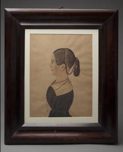 WATERCOLOR PROFILE PORTRAIT OF YOUNG LADY: American, New England circa 1840 Watercolor on paperWith mahogany ogee frame Provenance: A New York Private Collection Dimensions: Now matted and under plexi-glass Measurements: (sight) 13 in. x 9 3/4