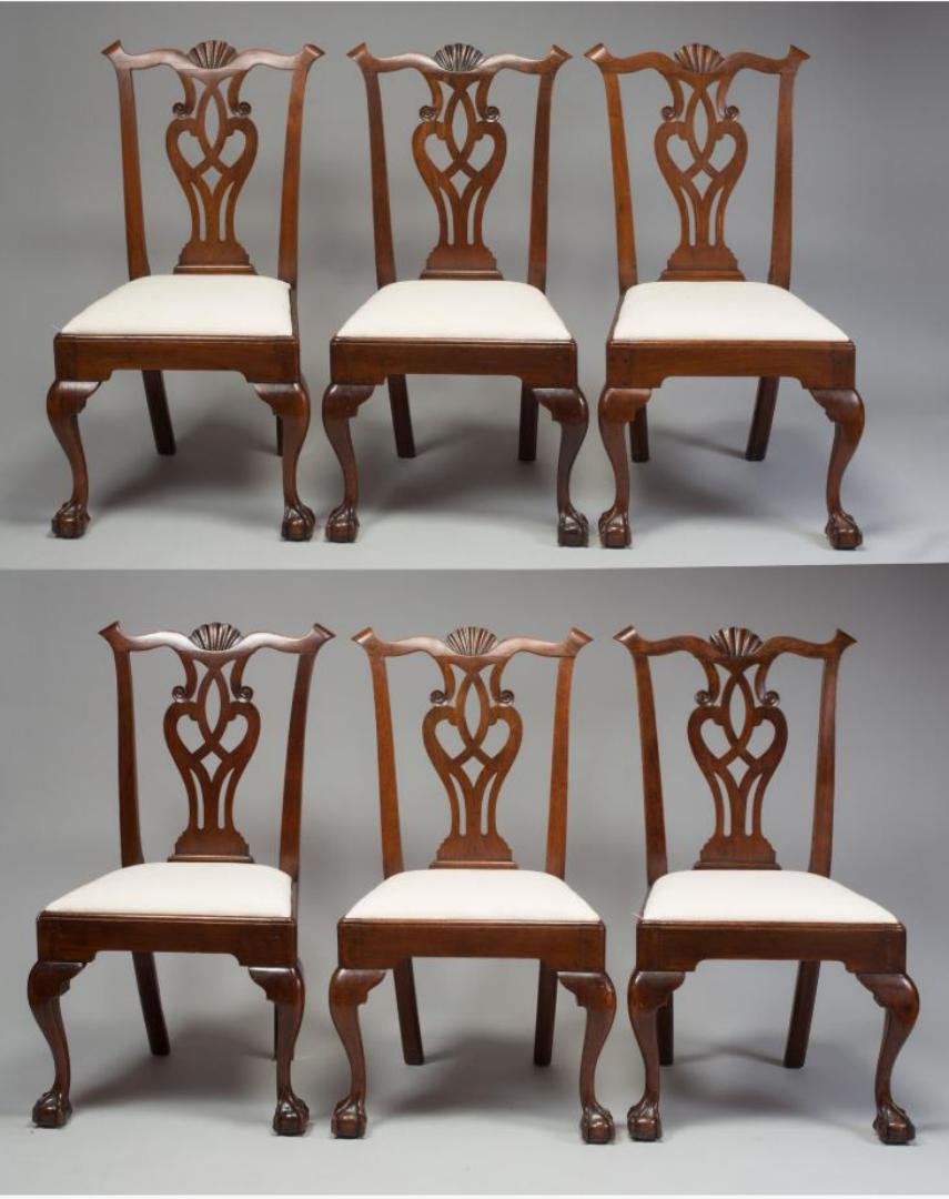 RARE SET OF 6 CHIPPENDALE WALNUT SHELL-CARVED CHAIRS (1 of 12)