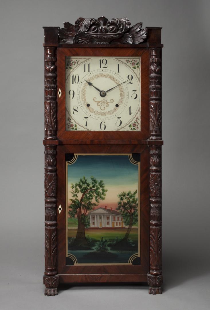 EIGHT DAY MAHOGANY AND EGLOMISE SHELF CLOCK (1 of 3)