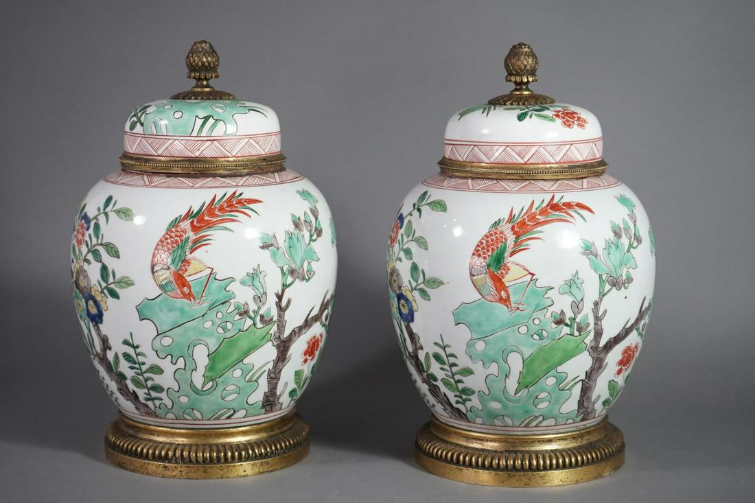 PAIR OF FAMILLE VERTE ORMOLU-MOUNTED COVERED VASES (1 of 19)