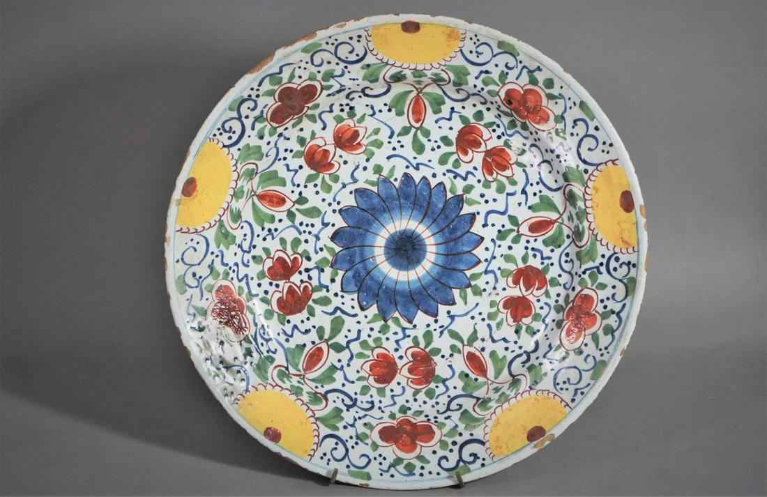 DUTCH TIN-GLAZED POLYCHROME FLORAL DECORATED CHARGER (1 of 11)