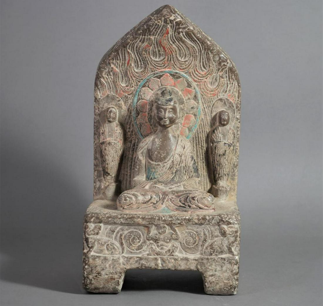 CARVED AND POLYCHROME PAINTED STELE DEPICTING BUDHHA: Ming Dynasty (1368-1644) Dimensions: Height: 13 1/2 in.
