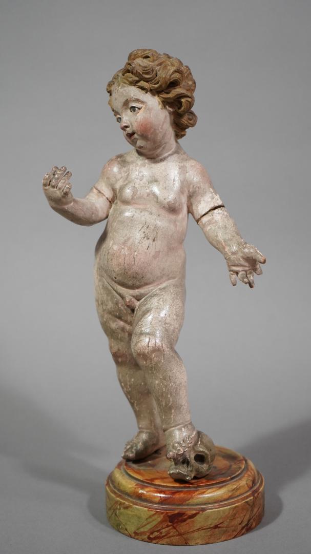 PAINTED AND GESSOED PUTTI ON MARBLEIZED WOODEN BASE (1 of 13)