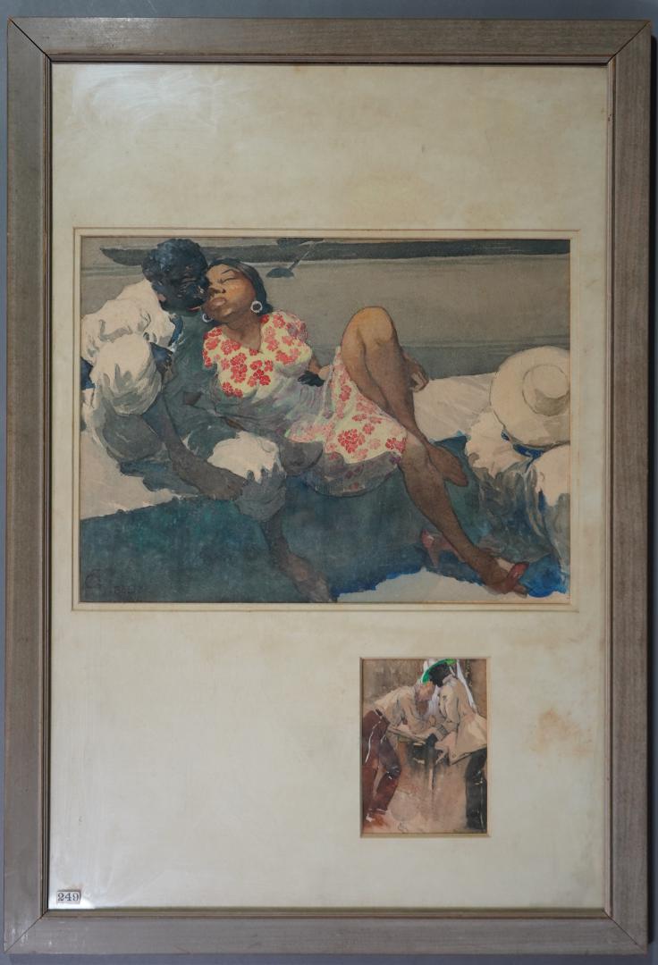 CARL FOLKE SAHLINE (SWEDISH, AMERICAN, 1884-1972): Two watercolors of Belize matted within one frame comprising romantic couple at seaside and two soldiers in uniforms Dimensions: Overall dimensions: Height: 29 in. Width: 19 in. Large watercolor sight