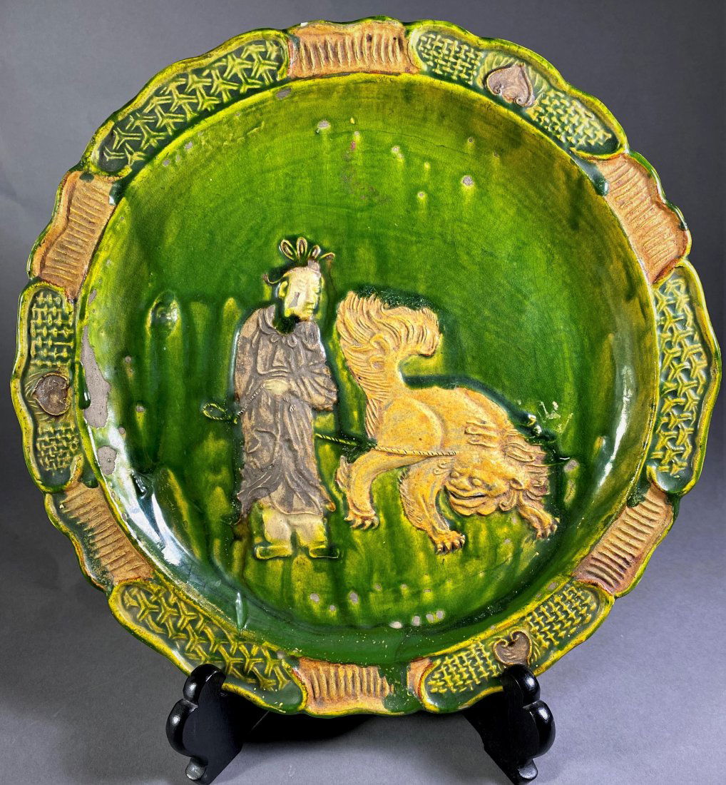 SANCAI-GLAZED PLATE OF MAN WITH FOO-DOG ON LEASH (1 of 12)