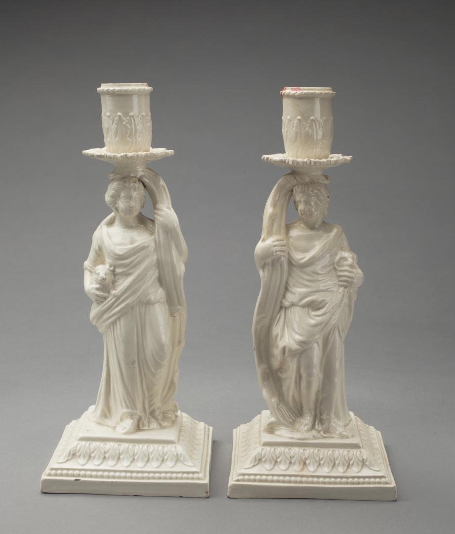 PAIR OF CREAMWARE CLASSICAL FIGURAL CANDLESTICKS (1 of 13)