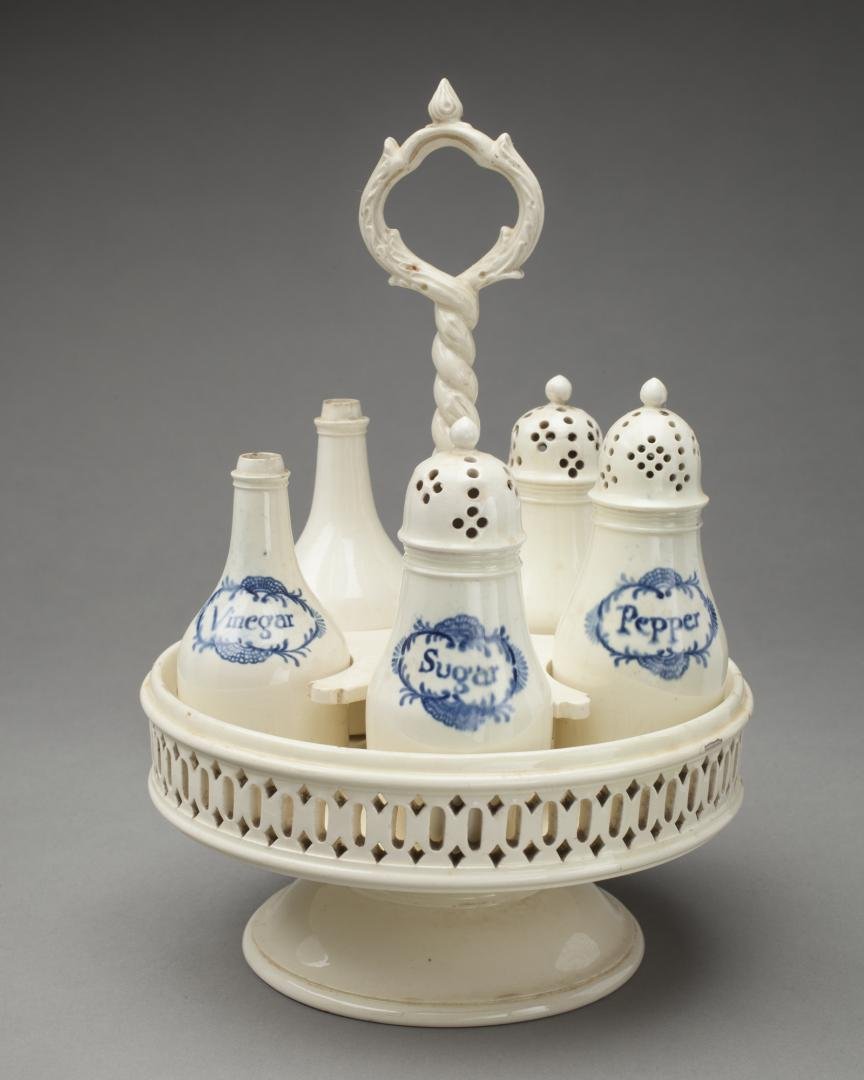 UNDERGLAZE BLUE CREAMWARE CRUET SET WITH  CASTER (1 of 9)