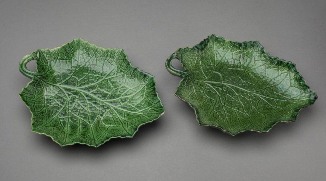 GREEN-GLAZED CREAMWARE DISHES IN  MAPLE LEAF FORM (1 of 13)
