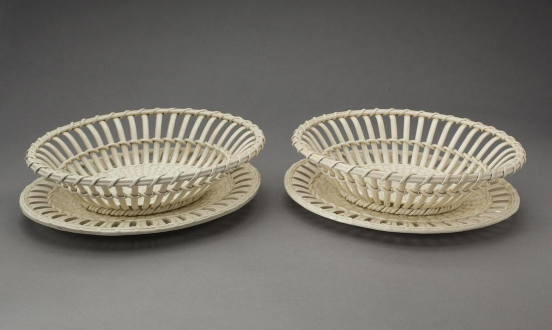 PAIR OF CREAMWARE BASKET WEAVE FRUIT BASKETS & STANDS (1 of 10)