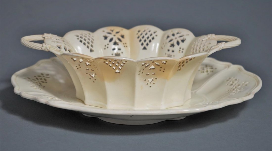FACETED PIERCED CREAMWARE BASKET AND UNDERTRAY (1 of 17)