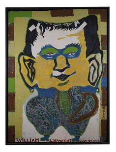 William L. Hawkins (1895-1990) Frankenstein: Enamel paint on repurposed beaverboard with sand inscribed along the bottom and on the right side "WILLIAM L. HAWKINS JULY 27, 1895 JANY 18, 1983." 57 in. 144.8cm x 42 in. 106.7cm Please see an