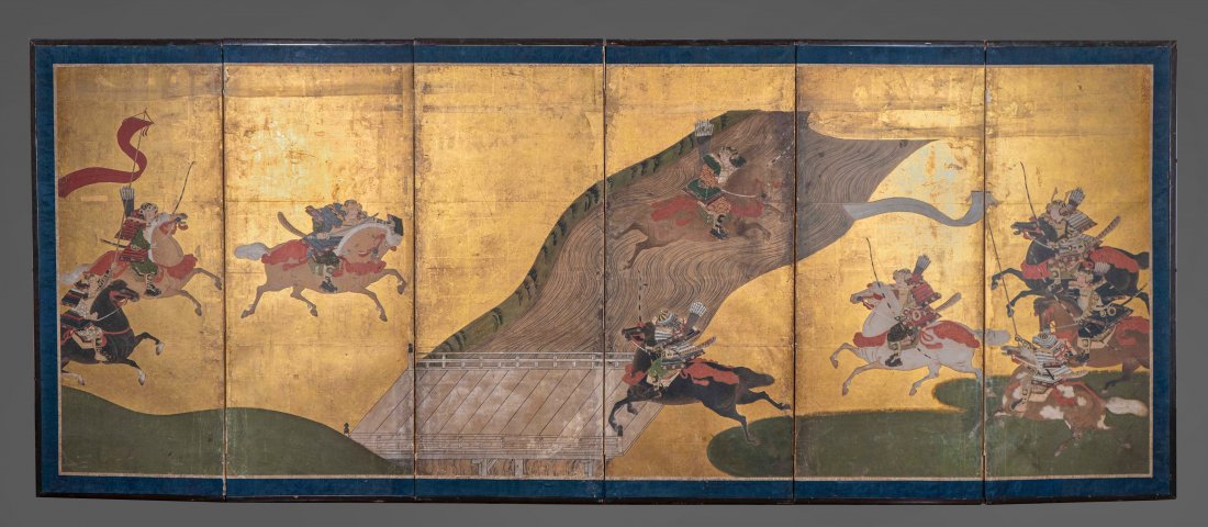 Japanese Six-Panel Screen: Meiji Period Depicting a Battle. H. 45 in. width of each panel, 18 in, width overall 108 in. Provenance: Purchased by John ‘Burgess’ Whiteside and Dorothy Whiteside circa 1946 for their Se