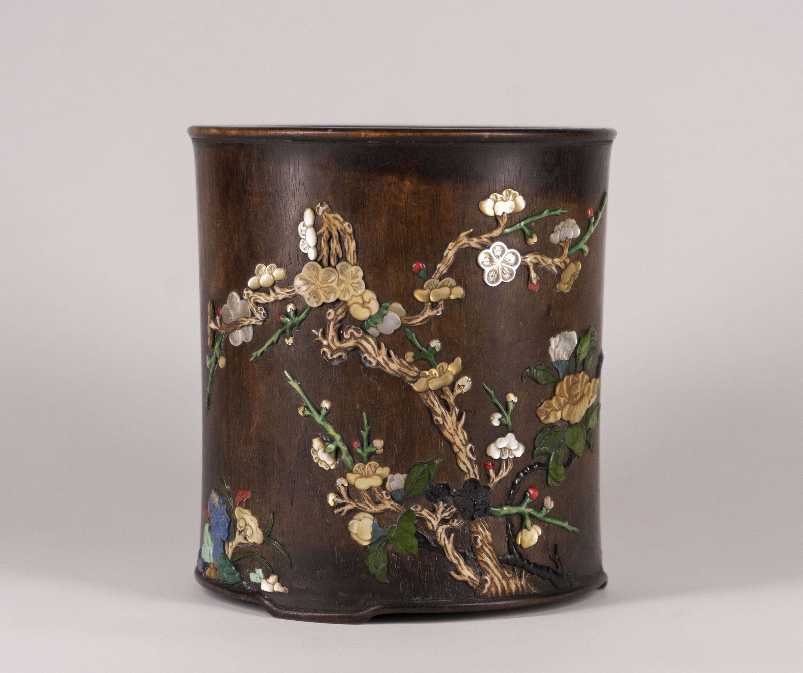 Chinese Hardstone-Inlaid Huanghuali Brush Pot (1 of 9)